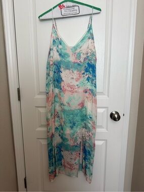 Vici Watercolor Slip Dress in Teal, Aqua & Blush